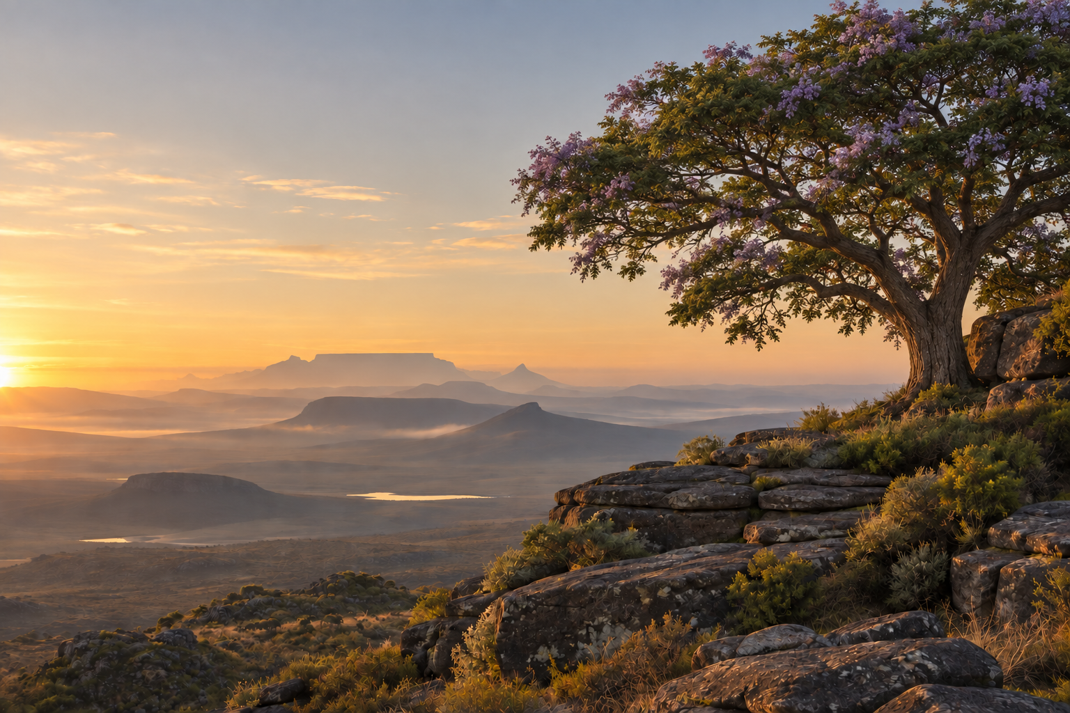 A mature jacaranda overlooking Table Mountain in the South African landscape